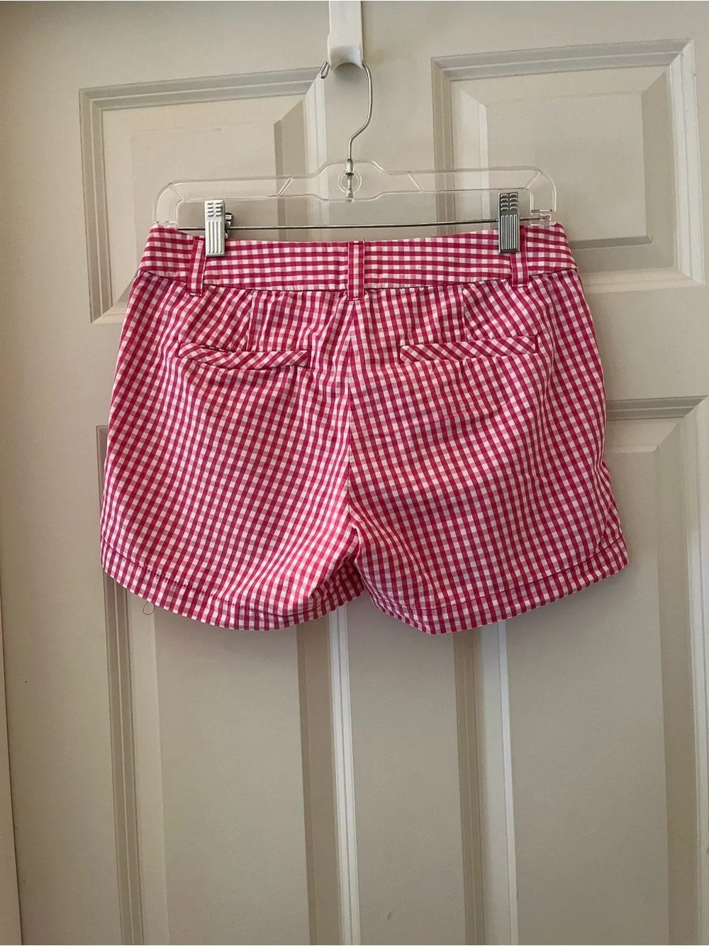Women’s J.Crew pink & white gingham check classic mid-rise, pockets, size 0 3”